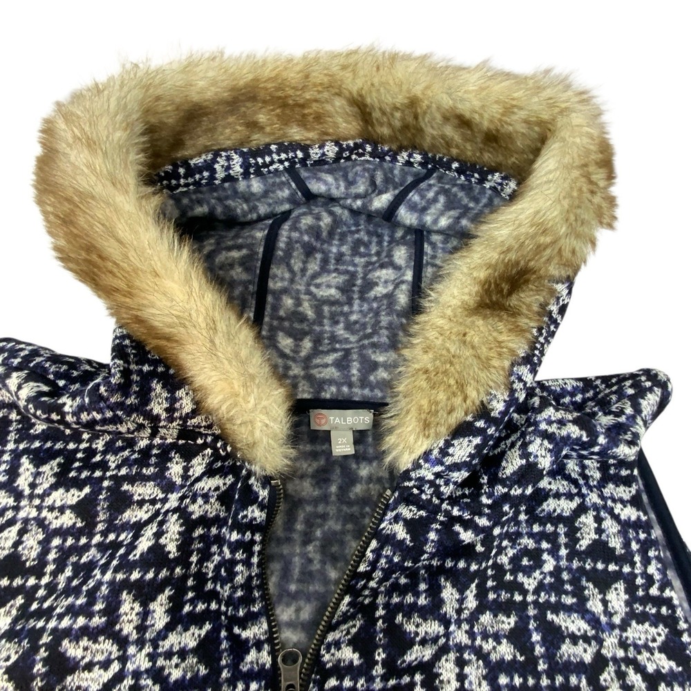 Talbots‎ Knit Vest Full Zip Navy Blue Faux Fur Trim Hood Snow Flake Nordic 2X - Picture 11 of 16
